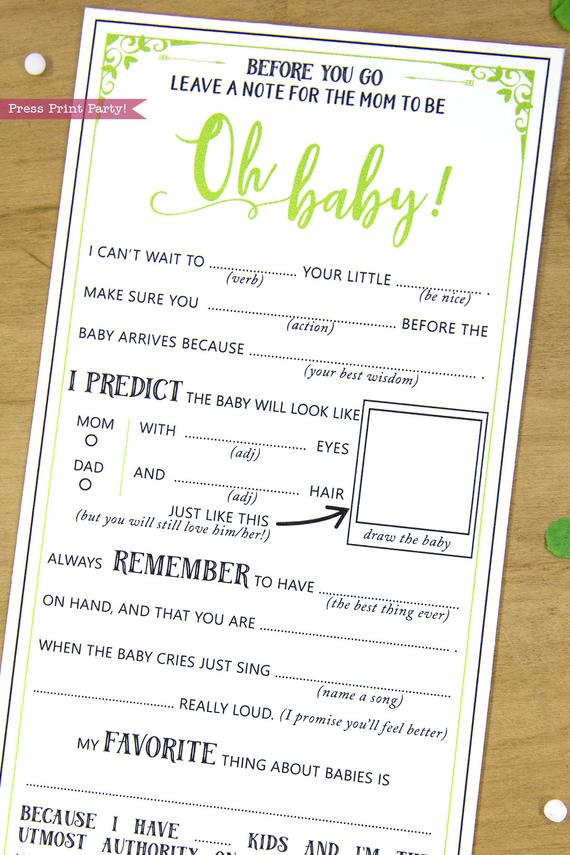 Funny Baby Shower Mad Libs Advice Card Printable Press Print Party