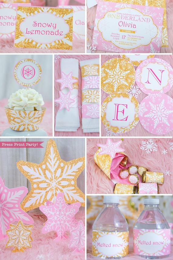 Winter Onederland first birthday party favor box in gold and pink snowflakes - Press Print Party!