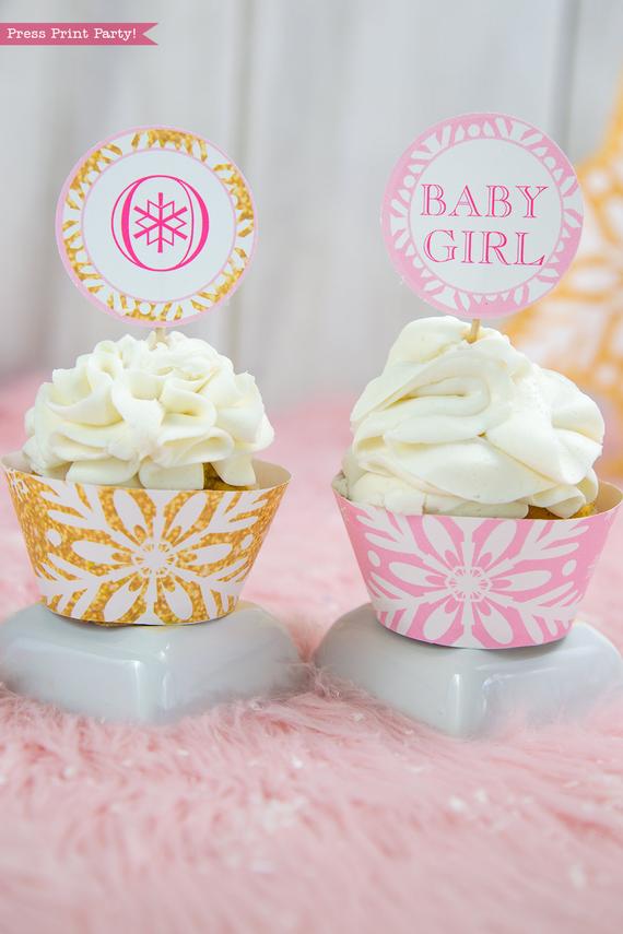 Winter Onederland first birthday party favor box in gold and pink snowflakes cupcake toppers and wrappers- Press Print Party!