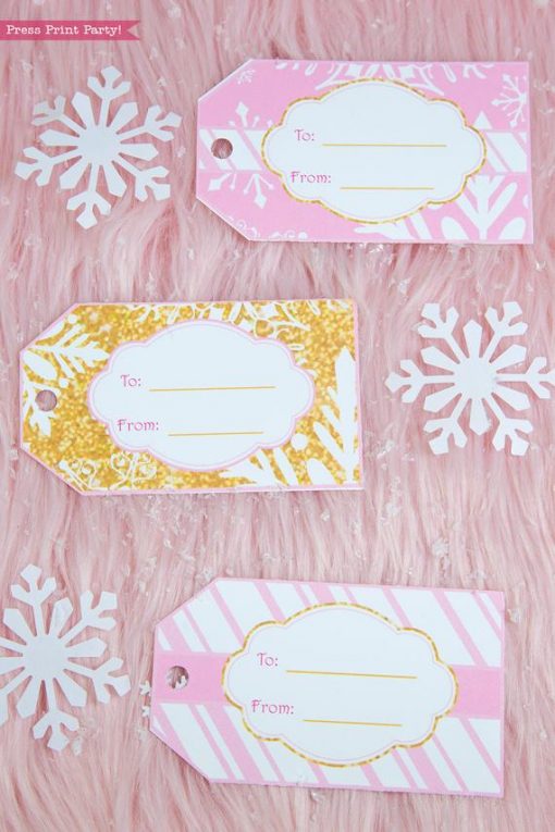 Winter Onederland first birthday party favor box in gold and pink snowflakes favor tags gift tags - Press Print Party!