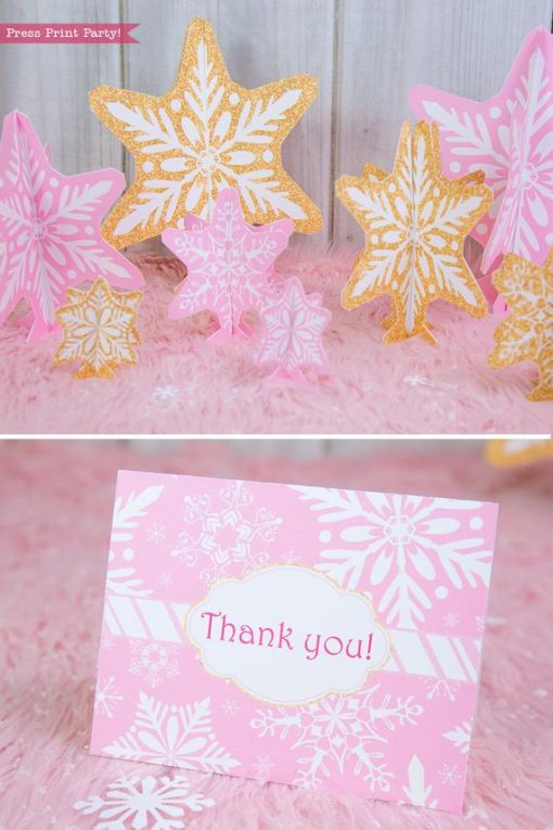 Winter Onederland first birthday party favor box in gold and pink snowflakes - Press Print Party!