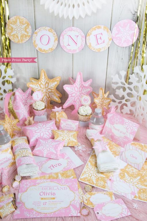 Winter Onederland first birthday party favor box in gold and pink snowflakes - Press Print Party!