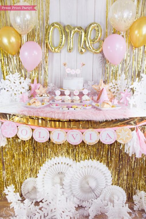 Winter Onederland first birthday party favor box in gold and pink snowflakes - Press Print Party!