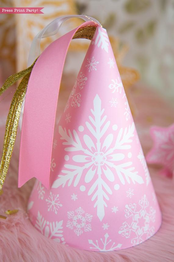 Winter Onederland first birthday party favor box in gold and pink snowflakes birthday hat printable - Press Print Party!