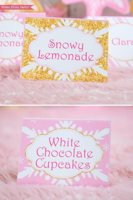 Winter Onederland first birthday party favor box in gold and pink snowflakes place cards, tent cards - Press Print Party!