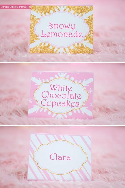 Winter Onederland first birthday party favor box in gold and pink snowflakes place cards, tent cards - Press Print Party!