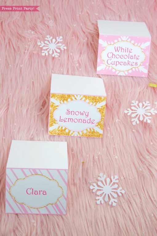 Winter Onederland first birthday party favor box in gold and pink snowflakes place cards, tent cards - Press Print Party!