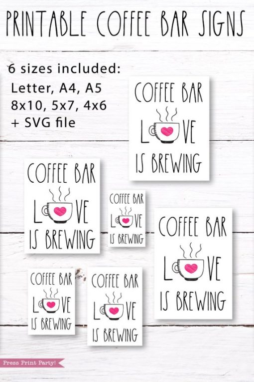 Download Coffee Station Sign Love Is Brewing Printable Pink Heart Press Print Party