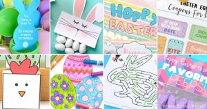 Easter free printable featured picture with coloring pages, treat bag toppers etc