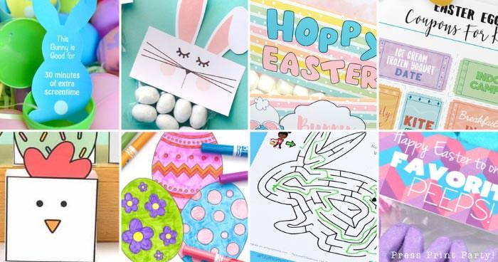 Easter free printable featured picture with coloring pages, treat bag toppers etc