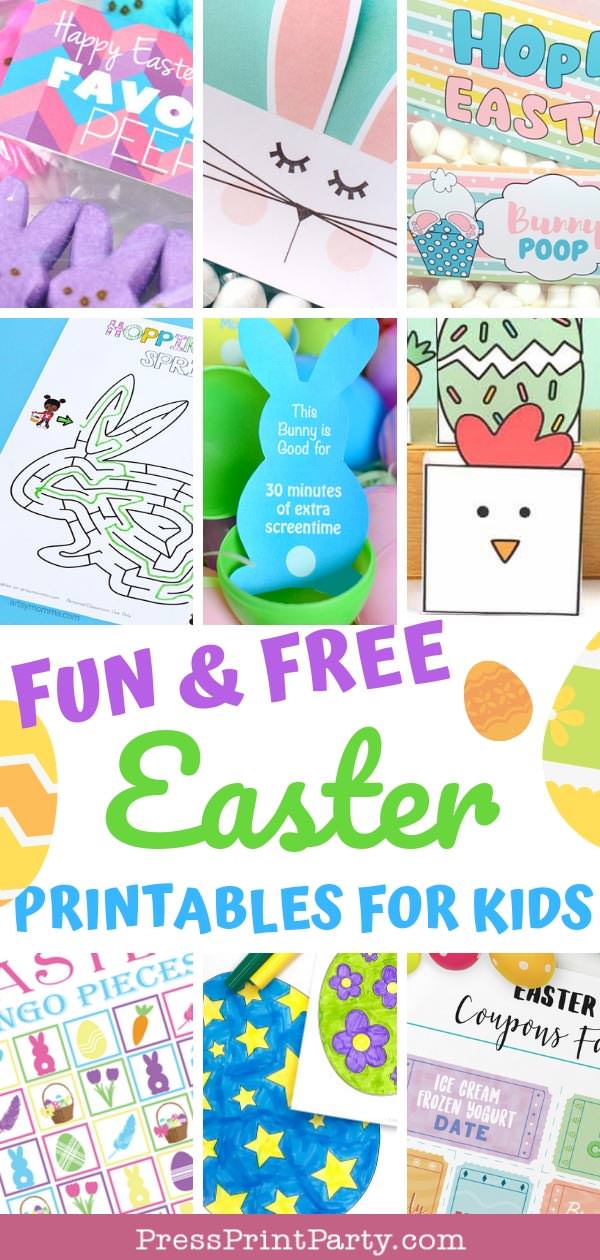 Easter free printables, with coloring pages, treat bag toppers, games for kids, Easter egg coupons, Press Print Party!