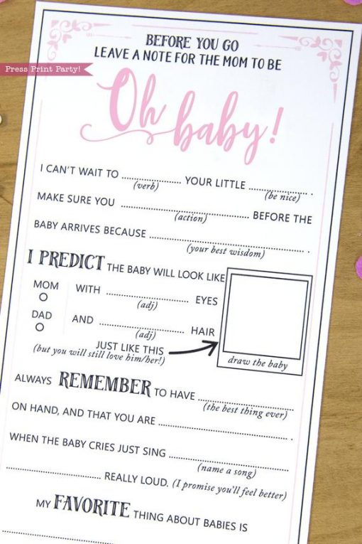 Girl Baby Shower Game Mad Libs Advice Card, Mom to be Printable