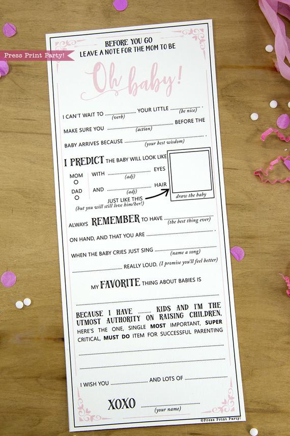 Girl Baby Shower Game Mad Libs Advice Card, Mom to be Printable