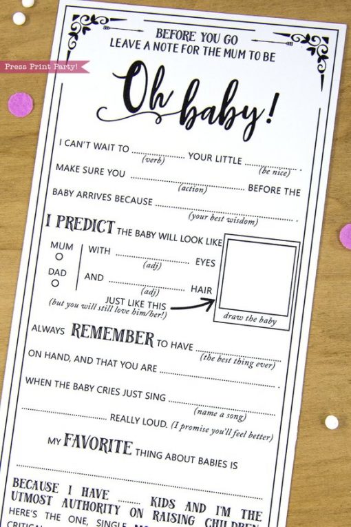 MUM to be Baby Shower MadLibs Advice Card Printable, Australia