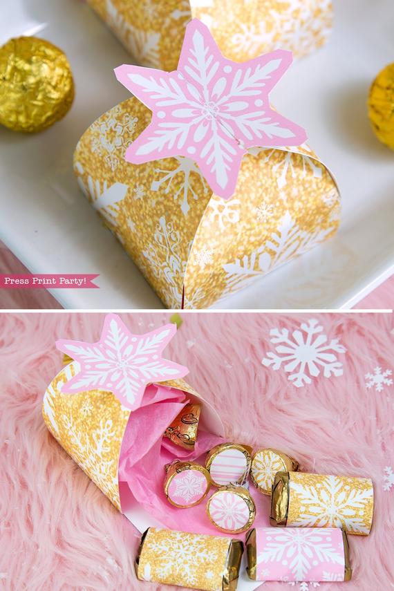 Winter Onederland first birthday party favor box in gold and pink snowflakes favor box - Press Print Party!
