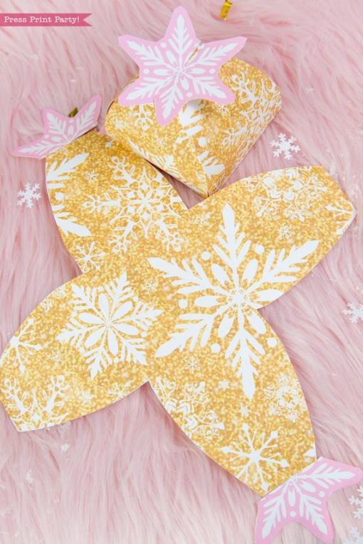 Winter Onederland first birthday party favor box in gold and pink snowflakes favor box - Press Print Party!