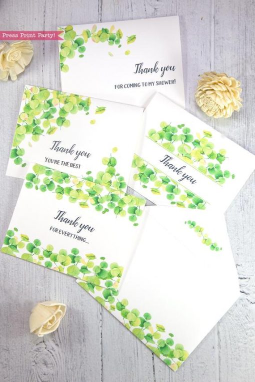 4 Thank you card templates printable with watercolor eucalyptus and editable with your own text. w. printable envelope - Press Print Party!