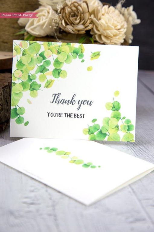 Thank you card templates printable with watercolor eucalyptus and editable with your own text. w. printable envelope - Press Print Party!