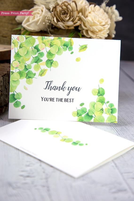 Thank you card templates printable with watercolor eucalyptus and editable with your own text. w. printable envelope - Press Print Party!