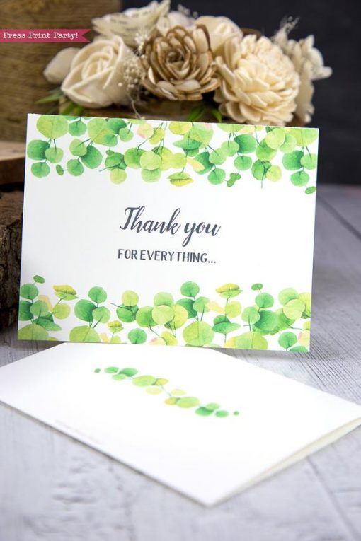 Thank you card templates printable with watercolor eucalyptus and editable with your own text. w. printable envelope - Press Print Party!