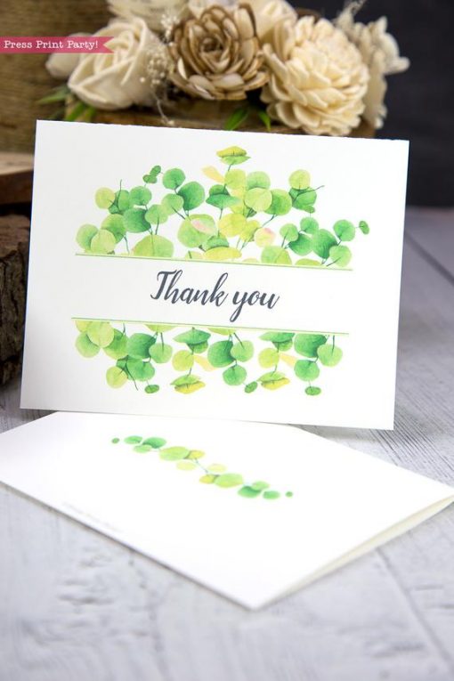 Thank you card templates printable with watercolor eucalyptus and editable with your own text. w. printable envelope - Press Print Party!