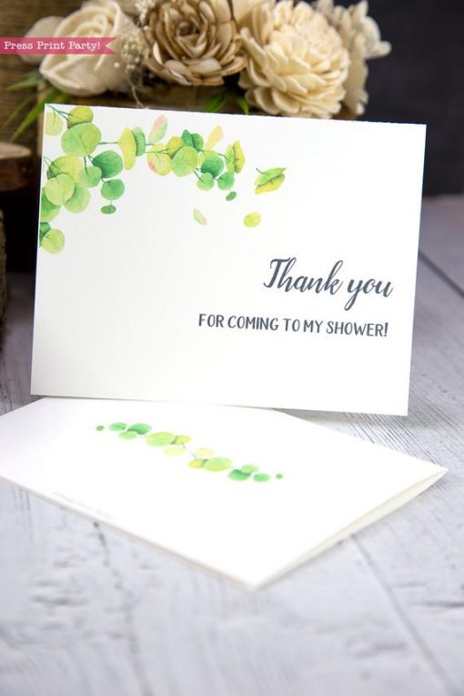 Thank you card templates printable with watercolor eucalyptus and editable with your own text. w. printable envelope - Press Print Party!