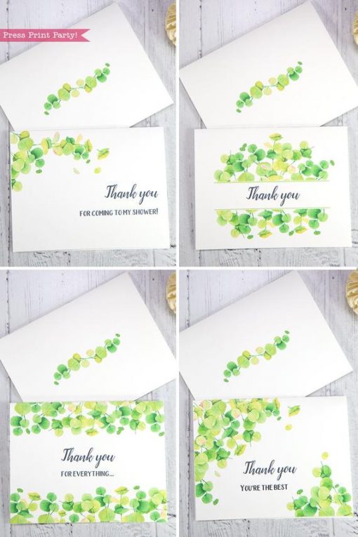 4 Thank you card templates printable with watercolor eucalyptus and editable with your own text. w. printable envelope - Press Print Party!