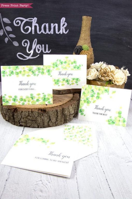 4 Thank you card templates printable with watercolor eucalyptus and editable with your own text. w. printable envelope - Press Print Party!