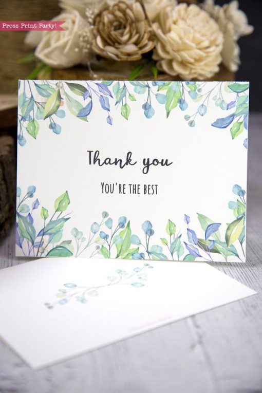 Thank you card templates printable with watercolor greenery and editable with your own text. w. printable envelope - Press Print Party!