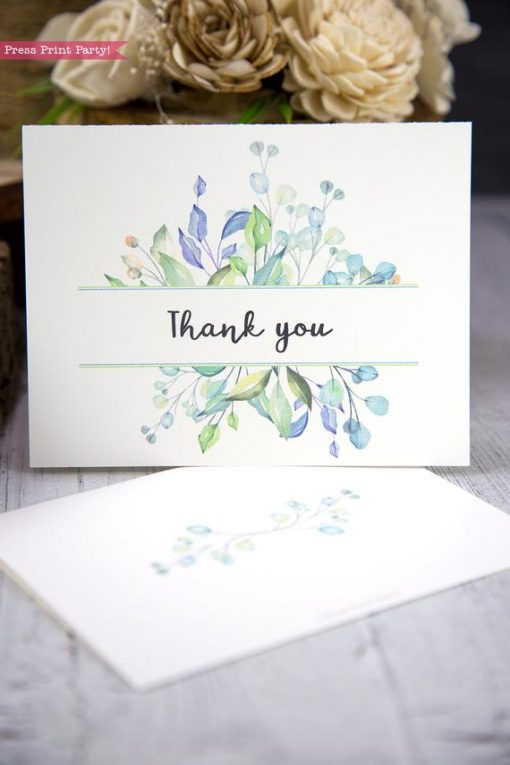 Thank you card templates printable with watercolor greenery and editable with your own text. w. printable envelope - Press Print Party!