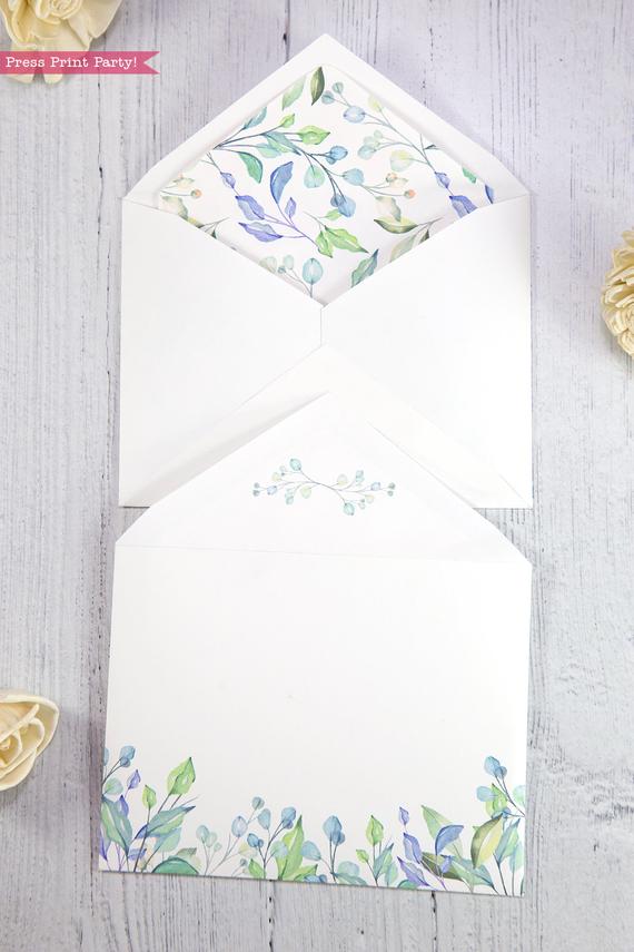 Thank you card envelope template printable watercolor greenery with insert- Press Print Party!