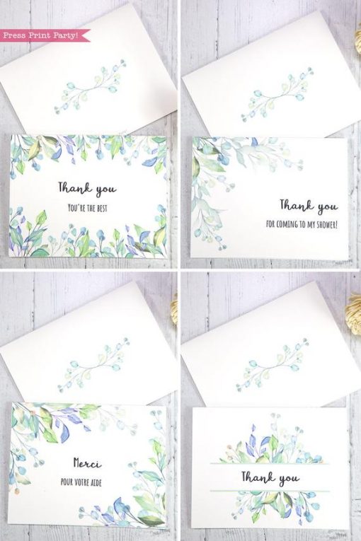 4 Thank you card templates printable with watercolor greemery and editable with your own text. w. printable envelope - Press Print Party!