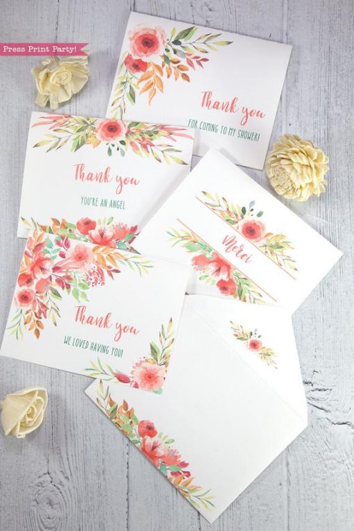 4 Thank you card templates printable with peach watercolor flowers and editable with your own text. w. printable envelope - Press Print Party!