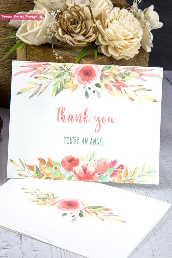 Thank you card templates printable with peach watercolor flowers and editable with your own text. w. printable envelope - Press Print Party!