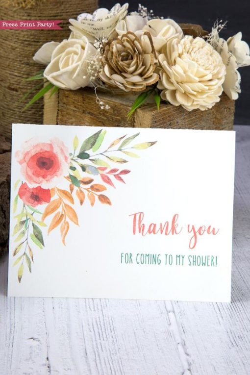 Thank you card templates printable with peach watercolor flowers and editable with your own text. w. printable envelope - Press Print Party!