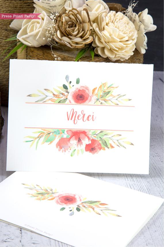 Thank you card templates printable with peach watercolor flowers and editable with your own text. w. printable envelope - Press Print Party!