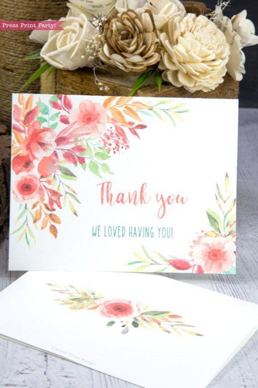 Thank you card templates printable with peach watercolor flowers and editable with your own text. w. printable envelope - Press Print Party!