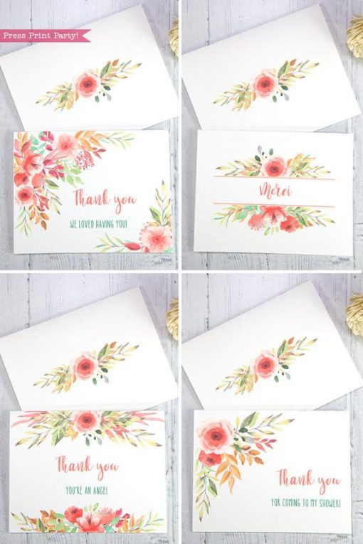 4 Thank you card templates printable with peach watercolor flowers and editable with your own text. w. printable envelope - Press Print Party!