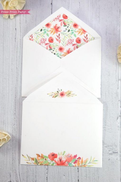 Thank you card envelope template printable peach watercolor flowers with floral insert- Press Print Party!
