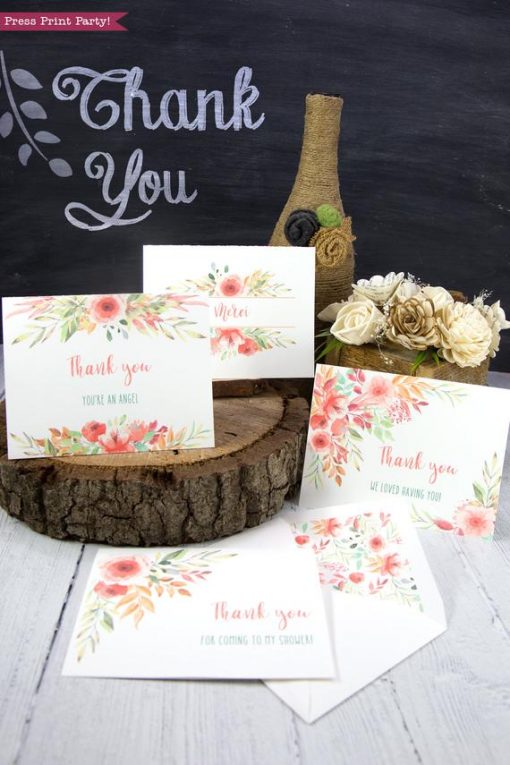 4 Thank you card templates printable with peach watercolor flowers and editable with your own text. w. printable envelope - Press Print Party!