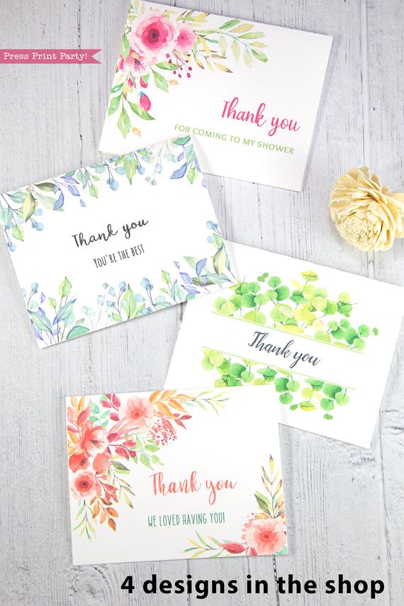 4 Thank you card templates printable with peach watercolor flowers, pink watercolor flowers, eucalyptus design and watercolor greenery and editable with your own text. w. printable envelope - Press Print Party!