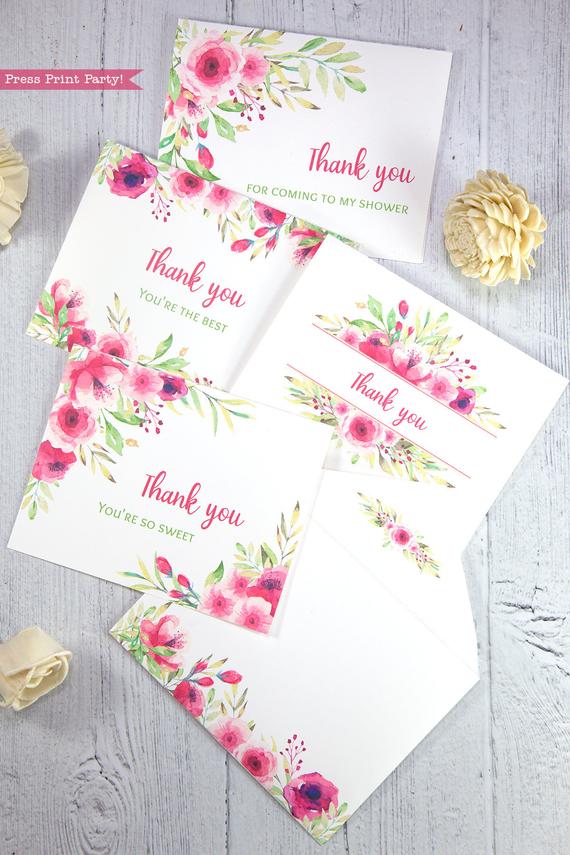 4 Thank you card templates printable with pink watercolor flowers and editable with your own text. w. printable envelope - Press Print Party!
