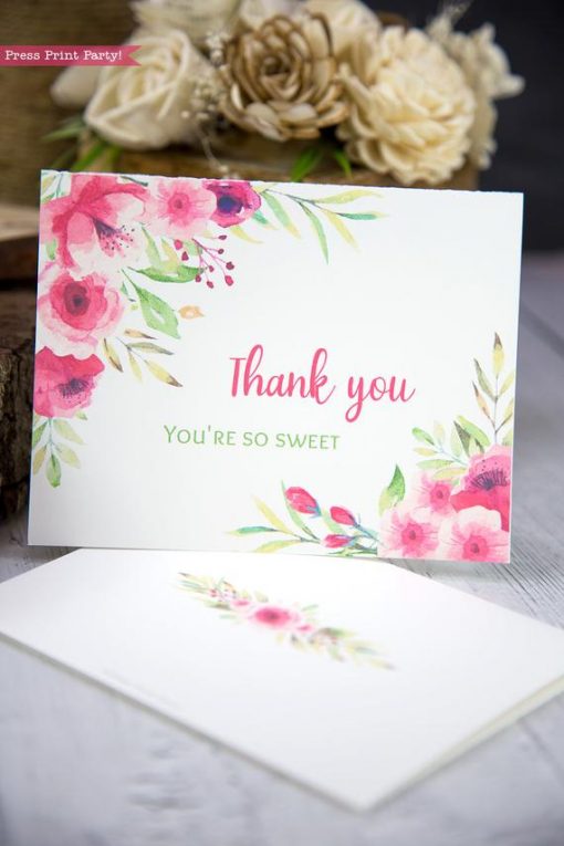 Thank you card templates printable with pink watercolor flowers and editable with your own text. w. printable envelope - Press Print Party!