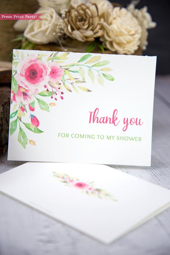 Thank you card templates printable with pink watercolor flowers and editable with your own text. w. printable envelope - Press Print Party!