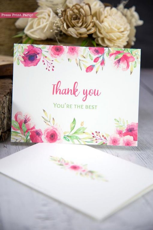 Thank you card templates printable with pink watercolor flowers and editable with your own text. w. printable envelope - Press Print Party!