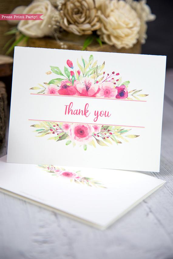Thank you card templates printable with pink watercolor flowers and editable with your own text. w. printable envelope - Press Print Party!