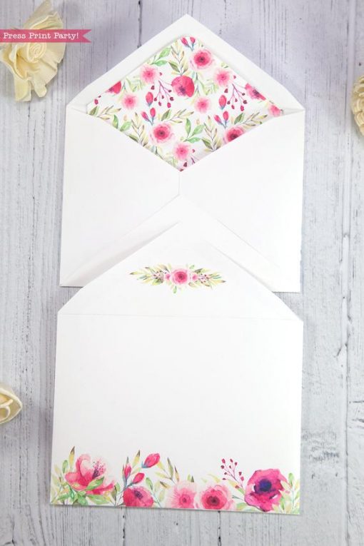 Thank you card envelope template printable pink watercolor flowers with floral insert- Press Print Party!