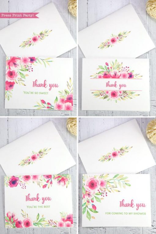 4 Thank you card templates printable with pink watercolor flowers and editable with your own text. w. printable envelope - Press Print Party!