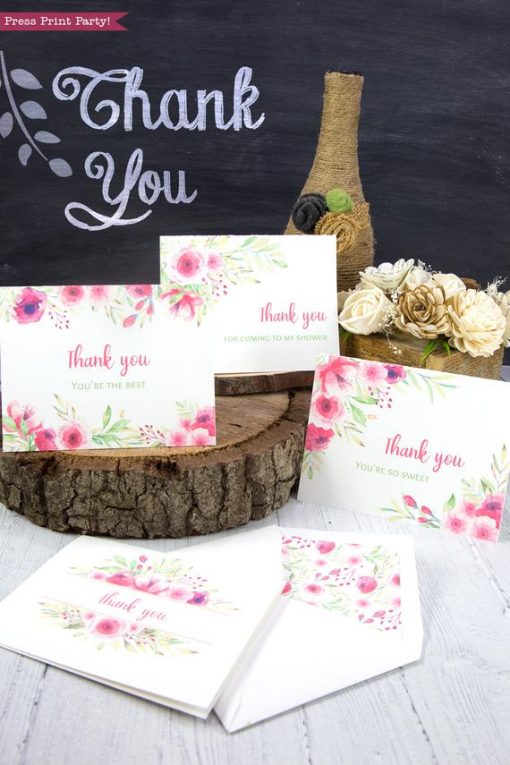 4 Thank you card templates printable with pink watercolor flowers and editable with your own text. w. printable envelope - Press Print Party!