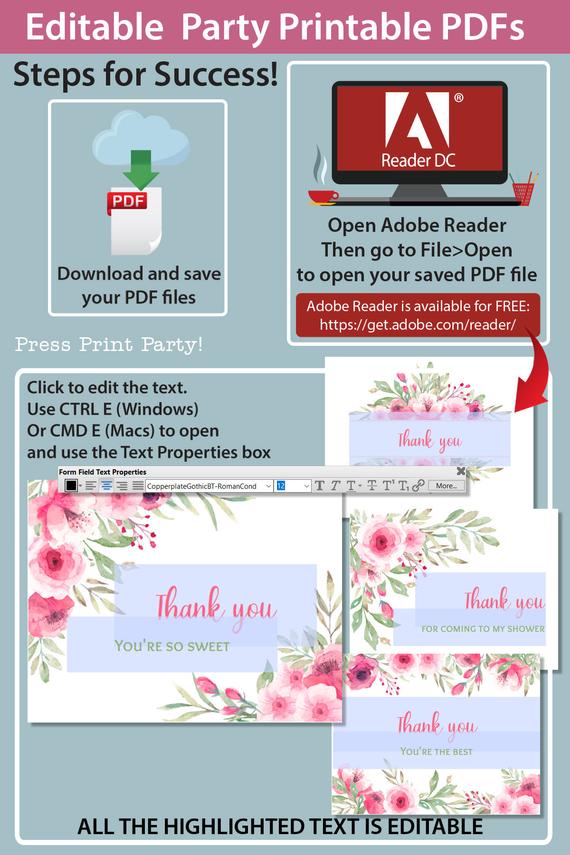 Instructions for Thank you card templates printable with pink watercolor flowers and editable with your own text. w. printable envelope - Press Print Party!